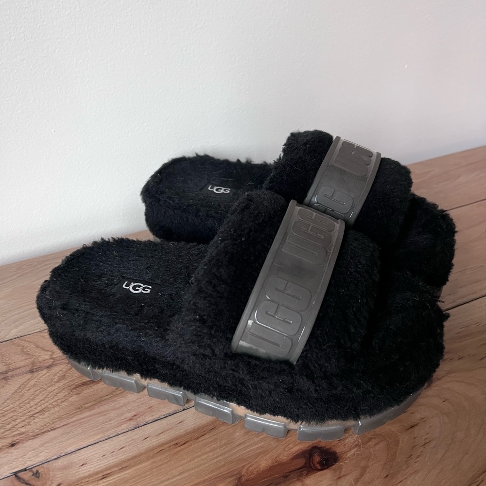 UGG Black Fluffy Slippers with Gray Accents